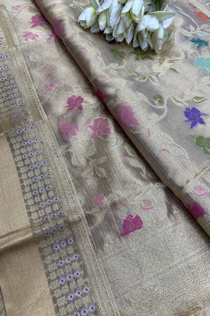 Exquisite Golden Banarasi Kota Tissue Meenakari Flower Design Saree - Luxurion World