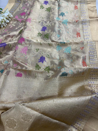 Exquisite Golden Banarasi Kota Tissue Meenakari Flower Design Saree - Luxurion World