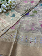 Exquisite Golden Banarasi Kota Tissue Meenakari Flower Design Saree - Luxurion World