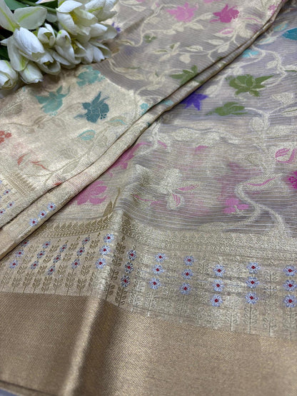 Exquisite Golden Banarasi Kota Tissue Meenakari Flower Design Saree - Luxurion World