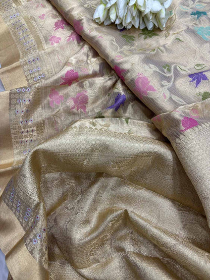 Exquisite Golden Banarasi Kota Tissue Meenakari Flower Design Saree - Luxurion World