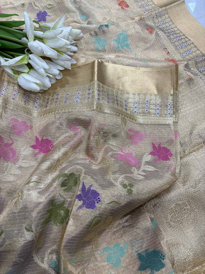 Exquisite Golden Banarasi Kota Tissue Meenakari Flower Design Saree - Luxurion World