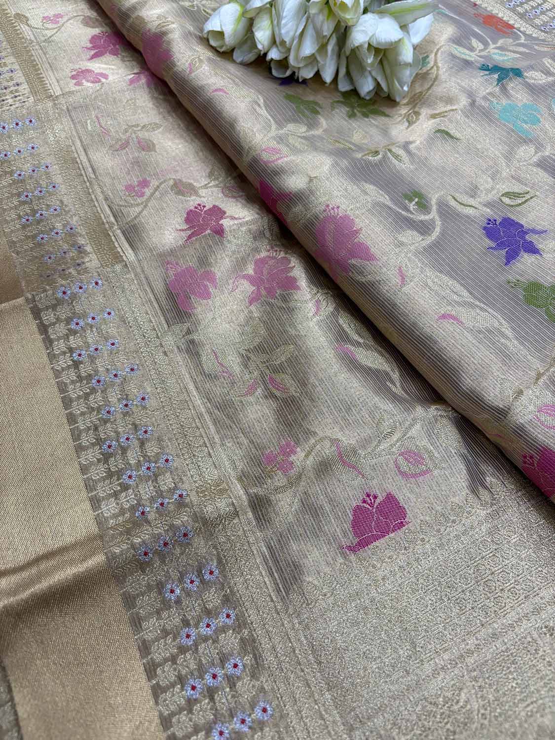 Exquisite Golden Banarasi Kota Tissue Meenakari Flower Design Saree - Luxurion World
