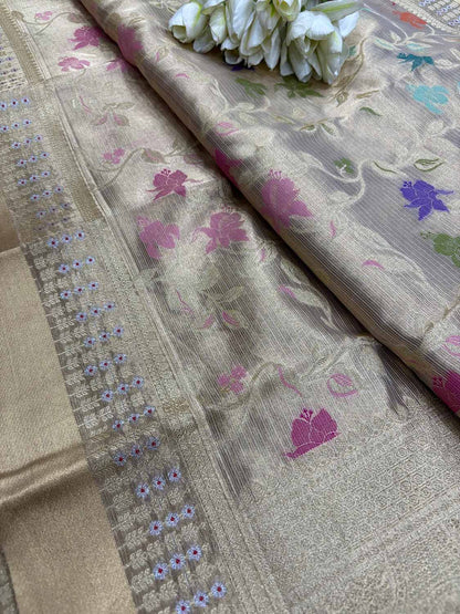 Exquisite Golden Banarasi Kota Tissue Meenakari Flower Design Saree - Luxurion World