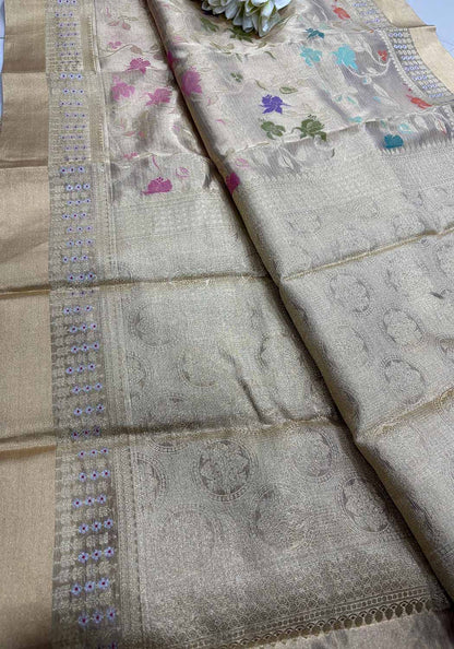 Exquisite Golden Banarasi Kota Tissue Meenakari Flower Design Saree - Luxurion World