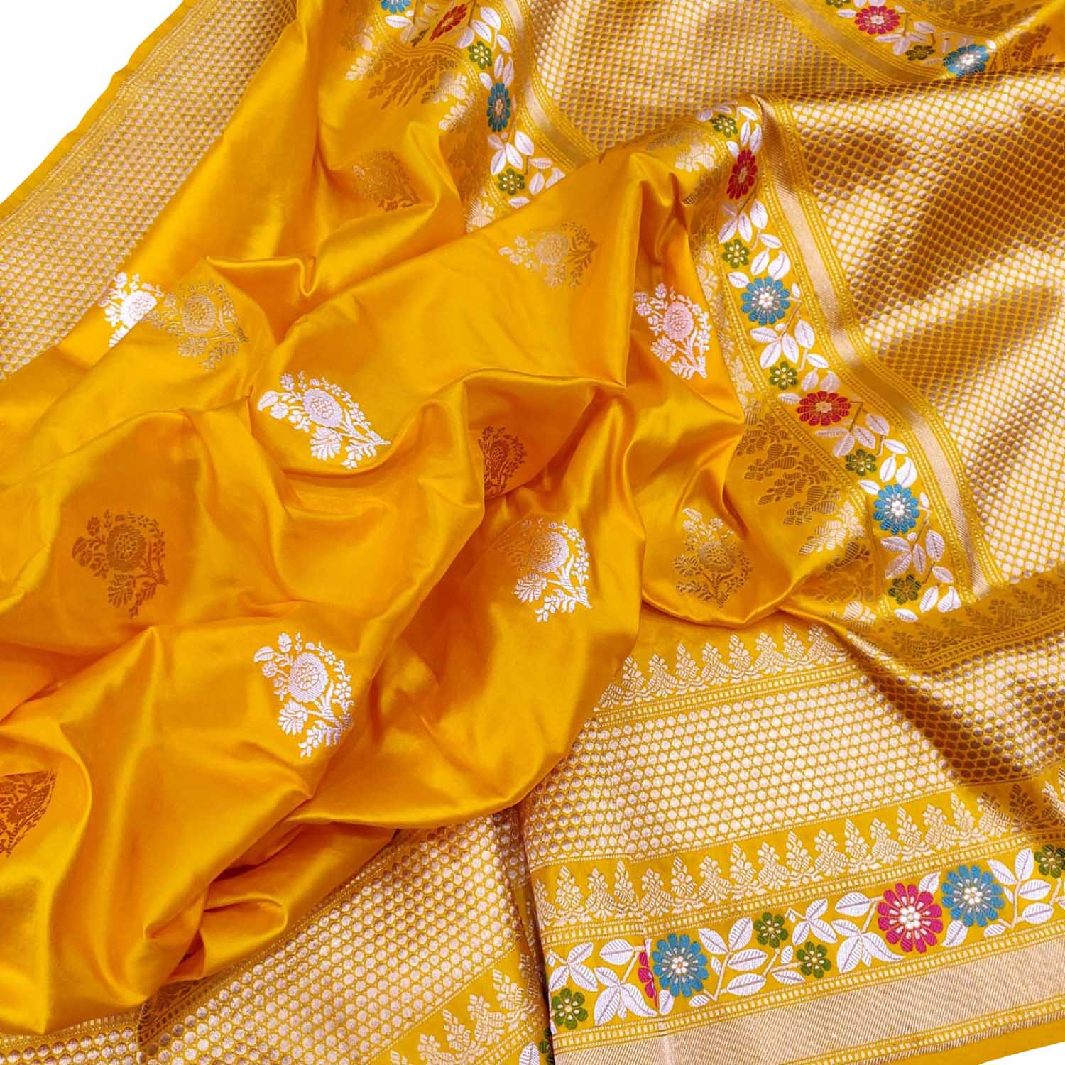Golden Glow: Yellow Banarasi Katan Silk Saree - Luxurion World