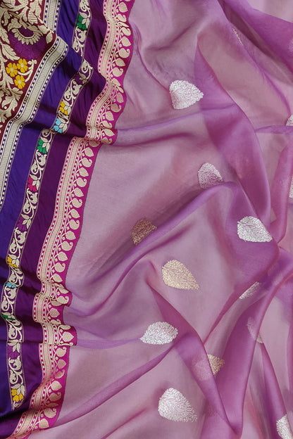 Elegant Purple Banarasi Handloom Pure Kora Silk Meenakari Saree - Luxurion World