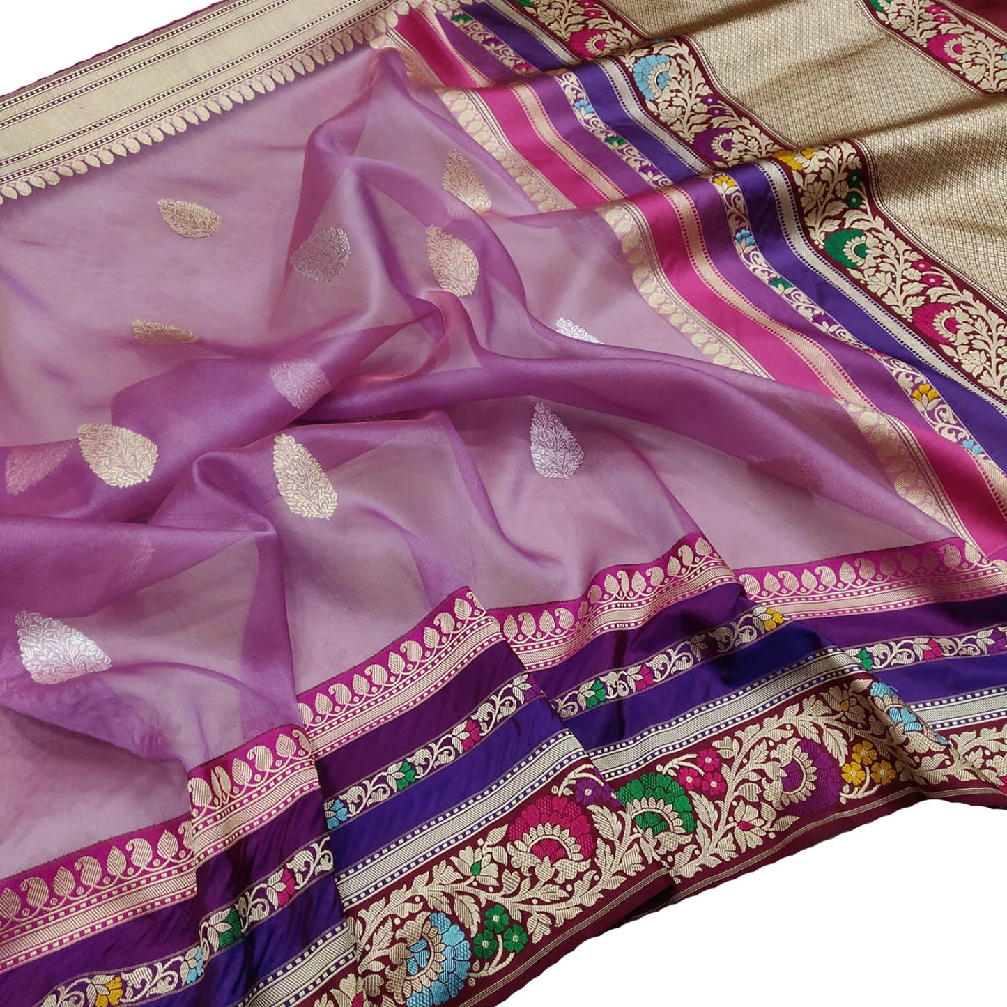 Elegant Purple Banarasi Handloom Pure Kora Silk Meenakari Saree - Luxurion World