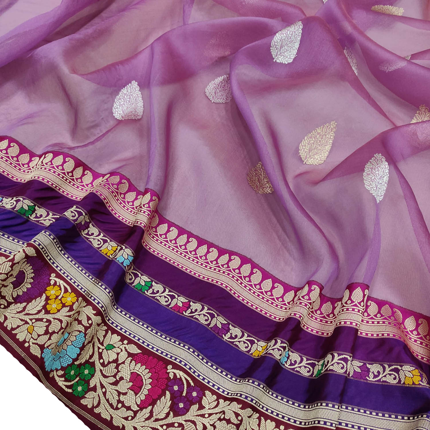 Elegant Purple Banarasi Handloom Pure Kora Silk Meenakari Saree - Luxurion World