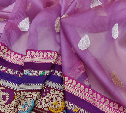 Elegant Purple Banarasi Handloom Pure Kora Silk Meenakari Saree - Luxurion World