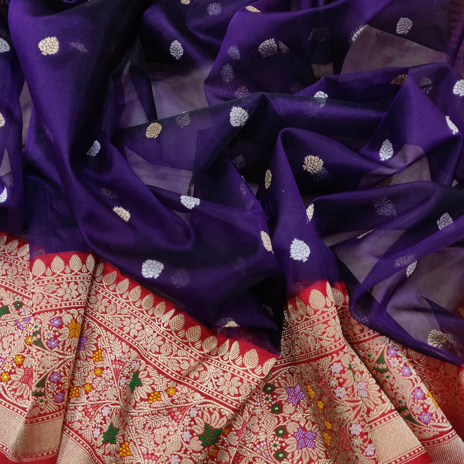 Exquisite Blue Banarasi Handloom Pure Kora Silk Meenakari Saree - Luxurion World