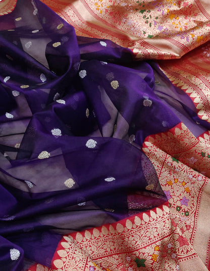 Exquisite Blue Banarasi Handloom Pure Kora Silk Meenakari Saree - Luxurion World