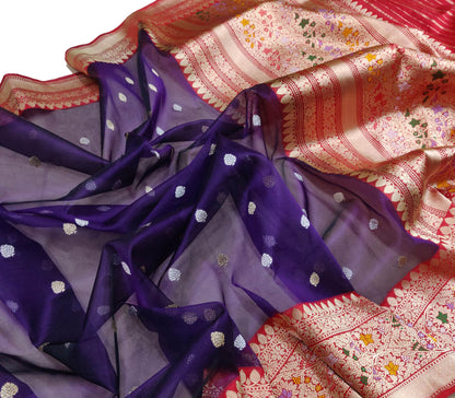 Exquisite Blue Banarasi Handloom Pure Kora Silk Meenakari Saree - Luxurion World