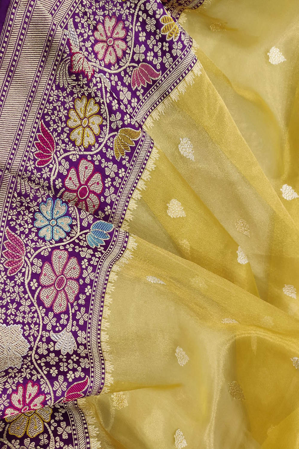 Yellow Banarasi Handloom Pure Tissue Silk Meenakari Saree - Luxurion World