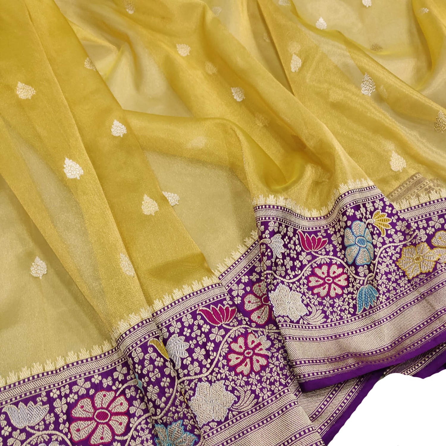 Yellow Banarasi Handloom Pure Tissue Silk Meenakari Saree - Luxurion World