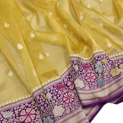 Yellow Banarasi Handloom Pure Tissue Silk Meenakari Saree - Luxurion World