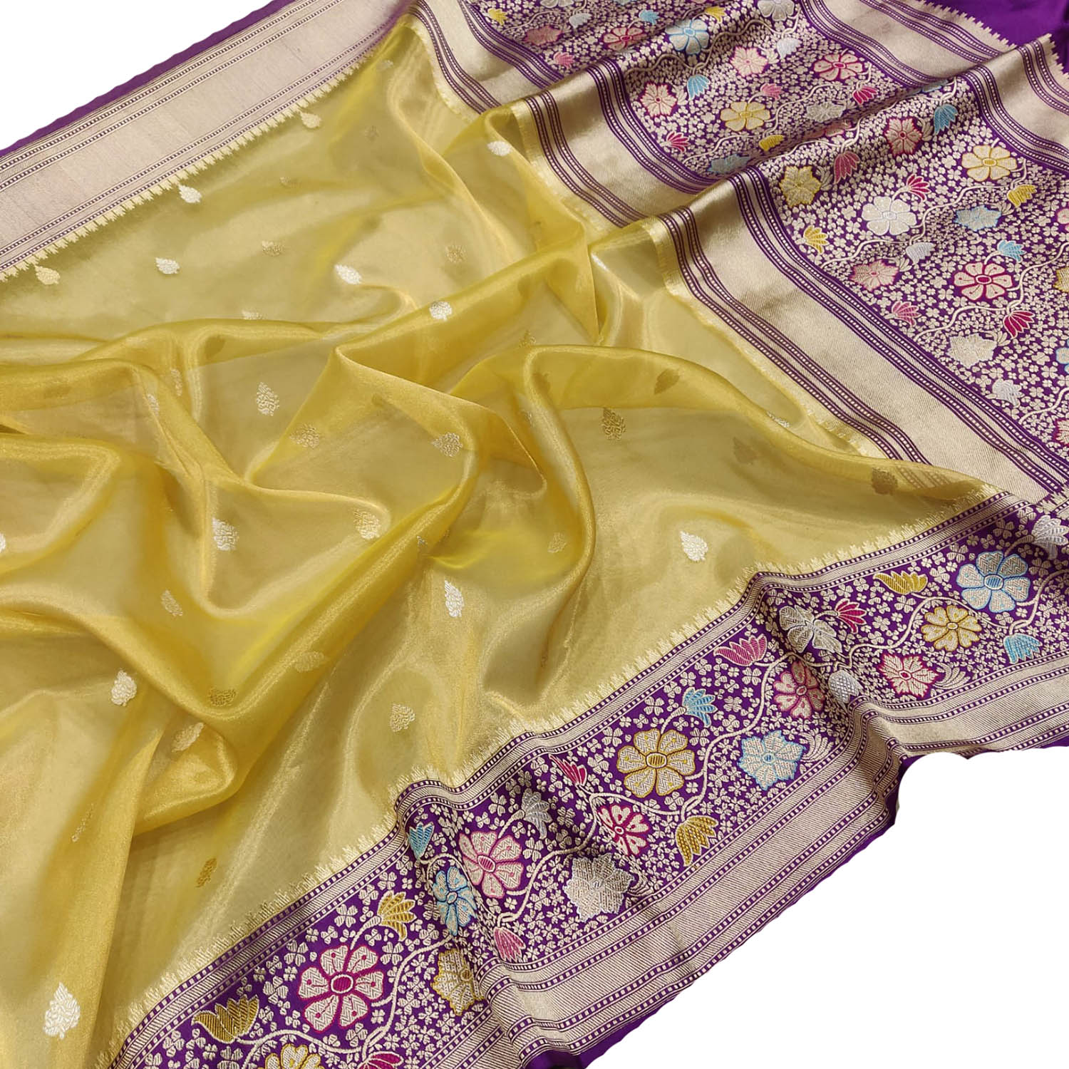 Yellow Banarasi Handloom Pure Tissue Silk Meenakari Saree - Luxurion World