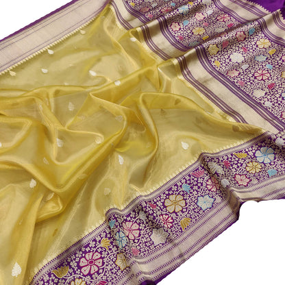 Yellow Banarasi Handloom Pure Tissue Silk Meenakari Saree - Luxurion World