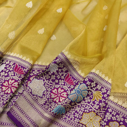 Yellow Banarasi Handloom Pure Tissue Silk Meenakari Saree - Luxurion World