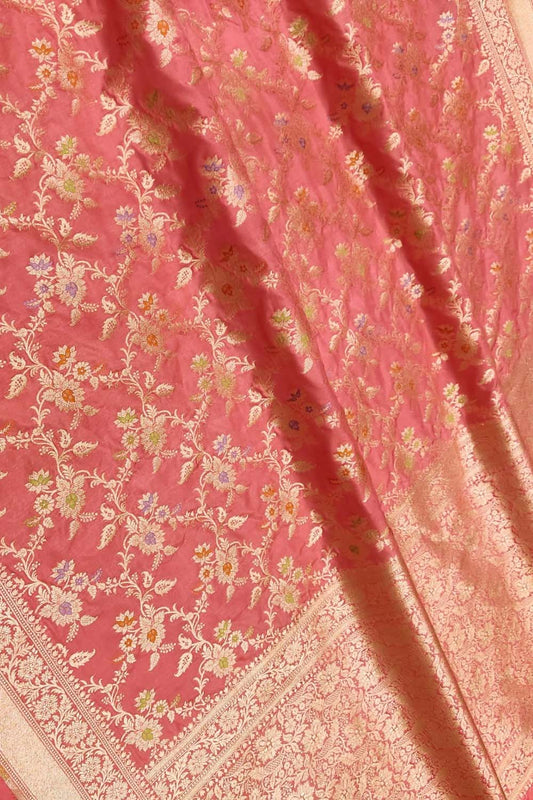 Pink Handloom Banarasi Pure Katan Silk Meenakari Flower Design Saree - Luxurion World