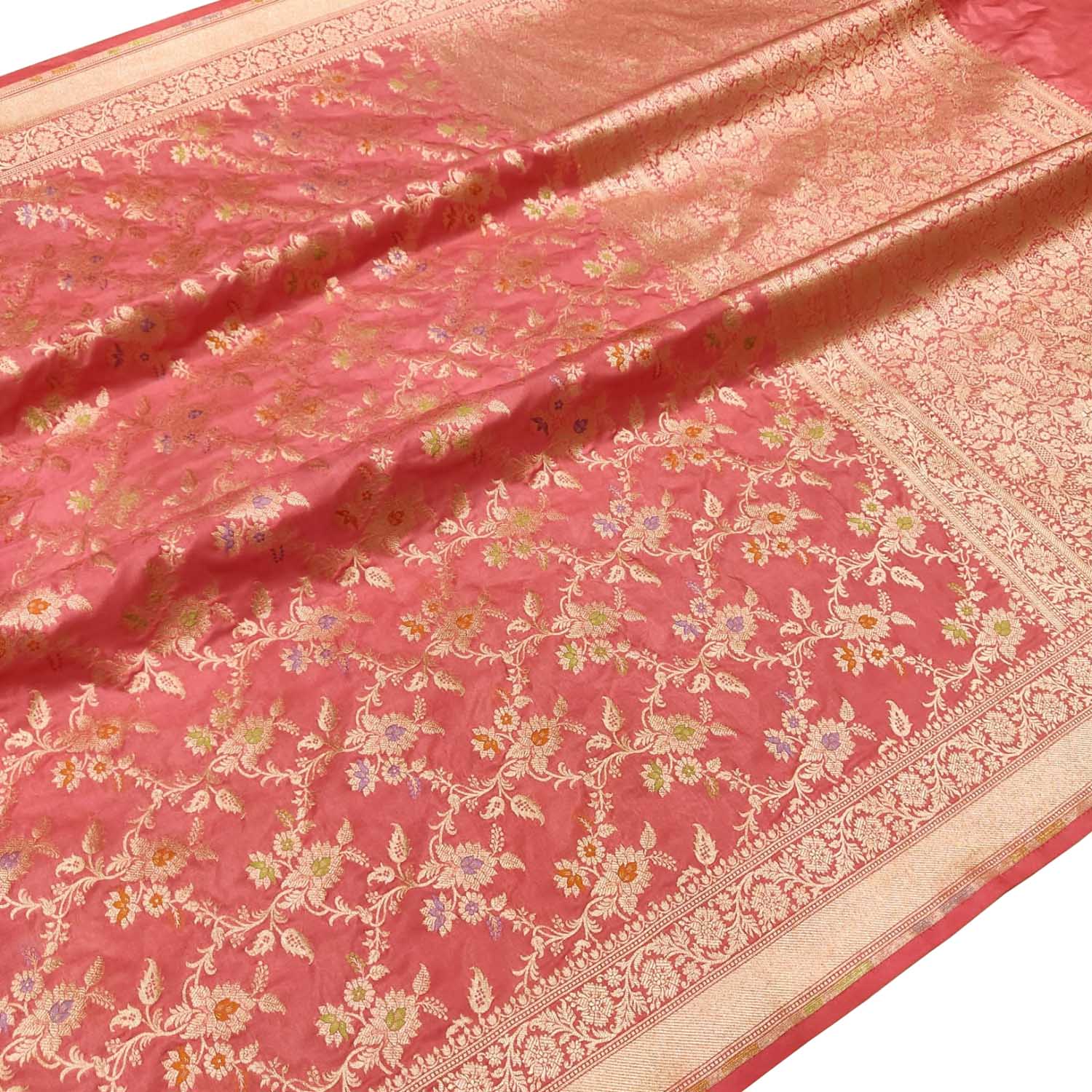 Pink Handloom Banarasi Pure Katan Silk Meenakari Flower Design Saree - Luxurion World