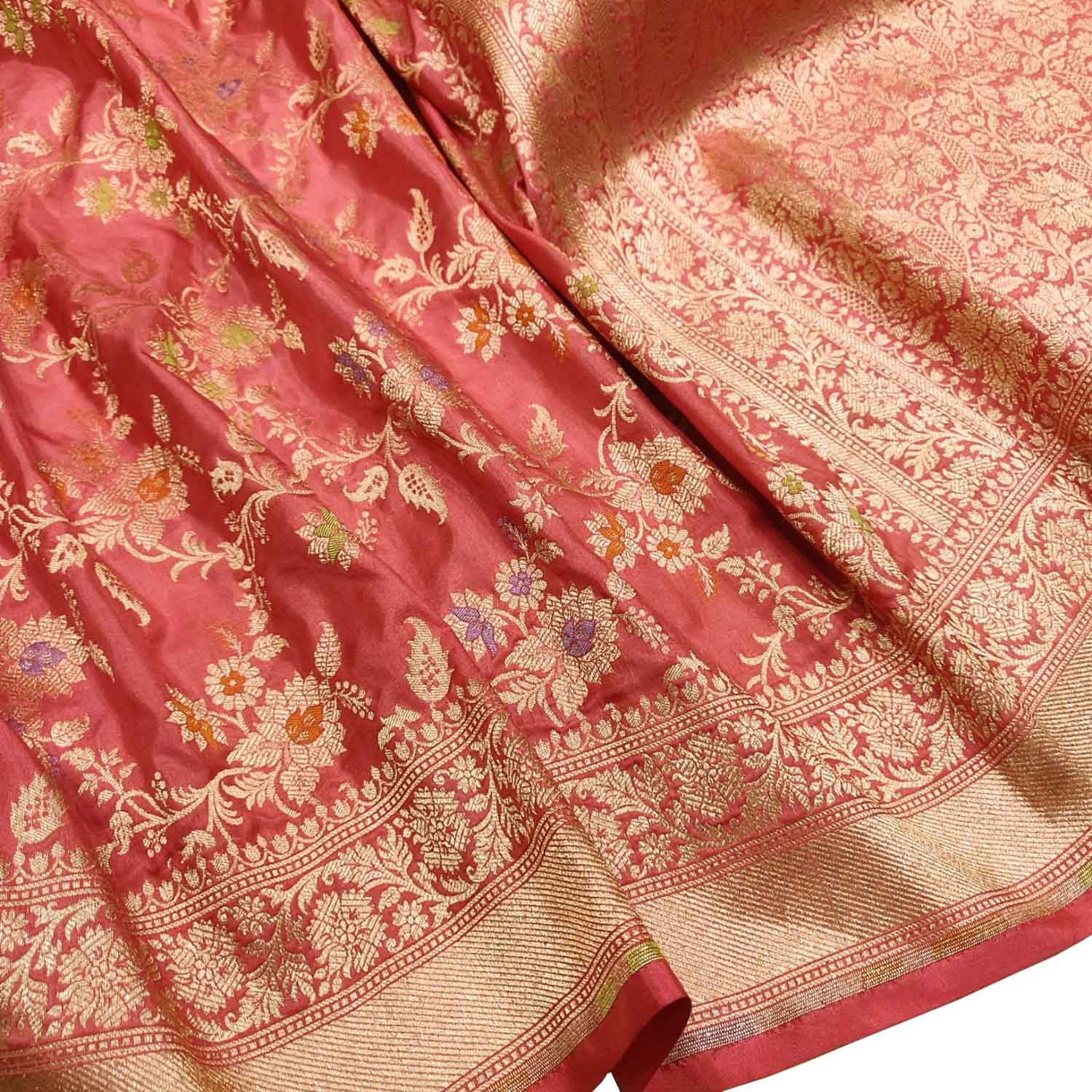 Pink Handloom Banarasi Pure Katan Silk Meenakari Flower Design Saree - Luxurion World