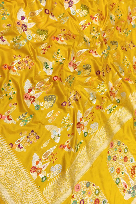 Yellow Handloom Banarasi Pure Katan Silk Meenakari Flower Design Saree - Luxurion World