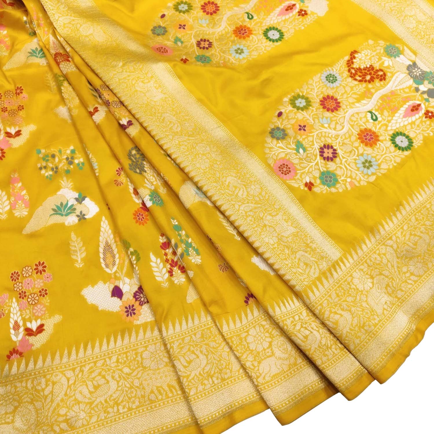 Yellow Handloom Banarasi Pure Katan Silk Meenakari Flower Design Saree - Luxurion World