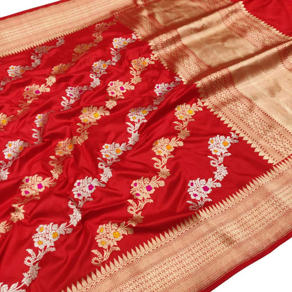 Red Handloom Banarasi Pure Katan Silk Sona Roopa Flower Design Saree - Luxurion World