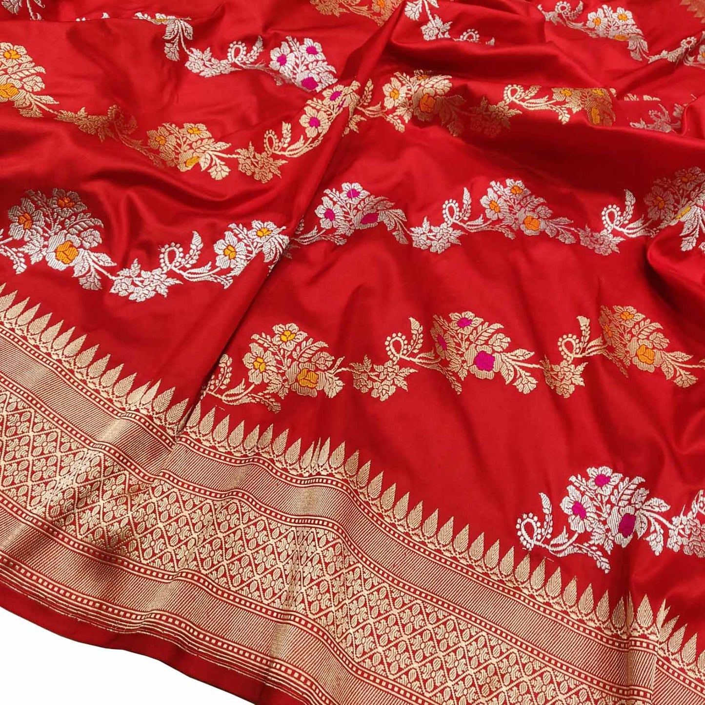 Red Handloom Banarasi Pure Katan Silk Sona Roopa Flower Design Saree - Luxurion World