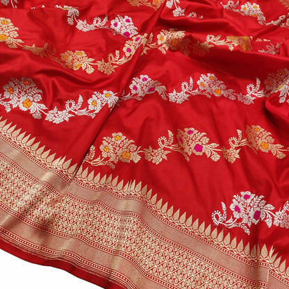 Red Handloom Banarasi Pure Katan Silk Sona Roopa Flower Design Saree - Luxurion World
