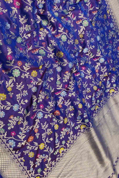 Blue Handloom Banarasi Pure Katan Silk Meenakari Flower Design Saree - Luxurion World