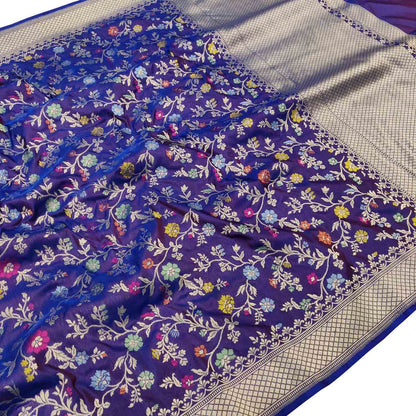 Blue Handloom Banarasi Pure Katan Silk Meenakari Flower Design Saree - Luxurion World