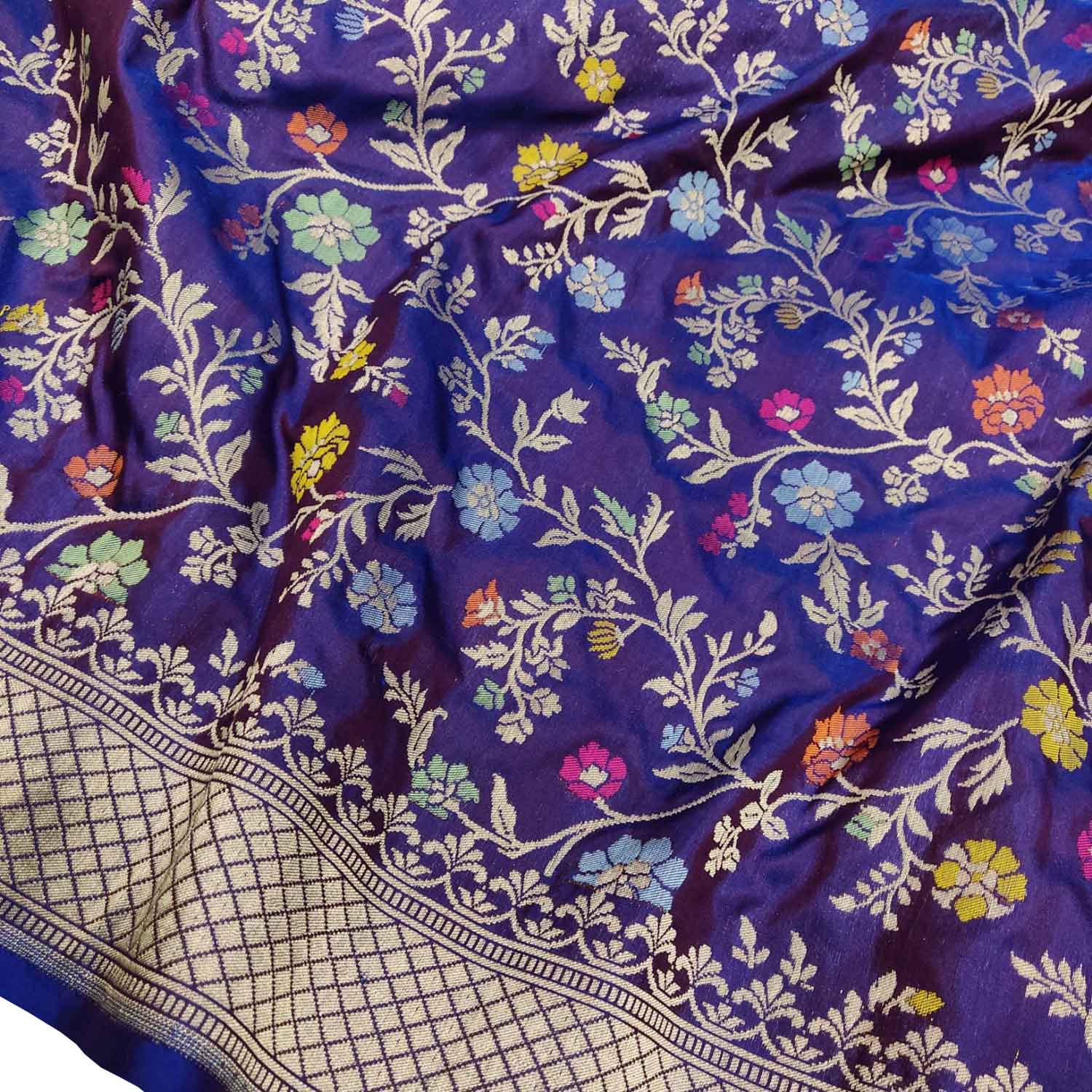 Blue Handloom Banarasi Pure Katan Silk Meenakari Flower Design Saree - Luxurion World