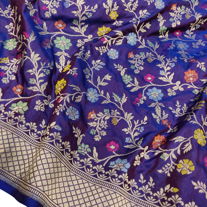 Blue Handloom Banarasi Pure Katan Silk Meenakari Flower Design Saree - Luxurion World