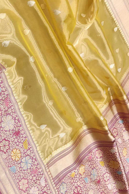 Yellow Handloom Banarasi Pure Tissue Silk Meenakari Saree - Luxurion World