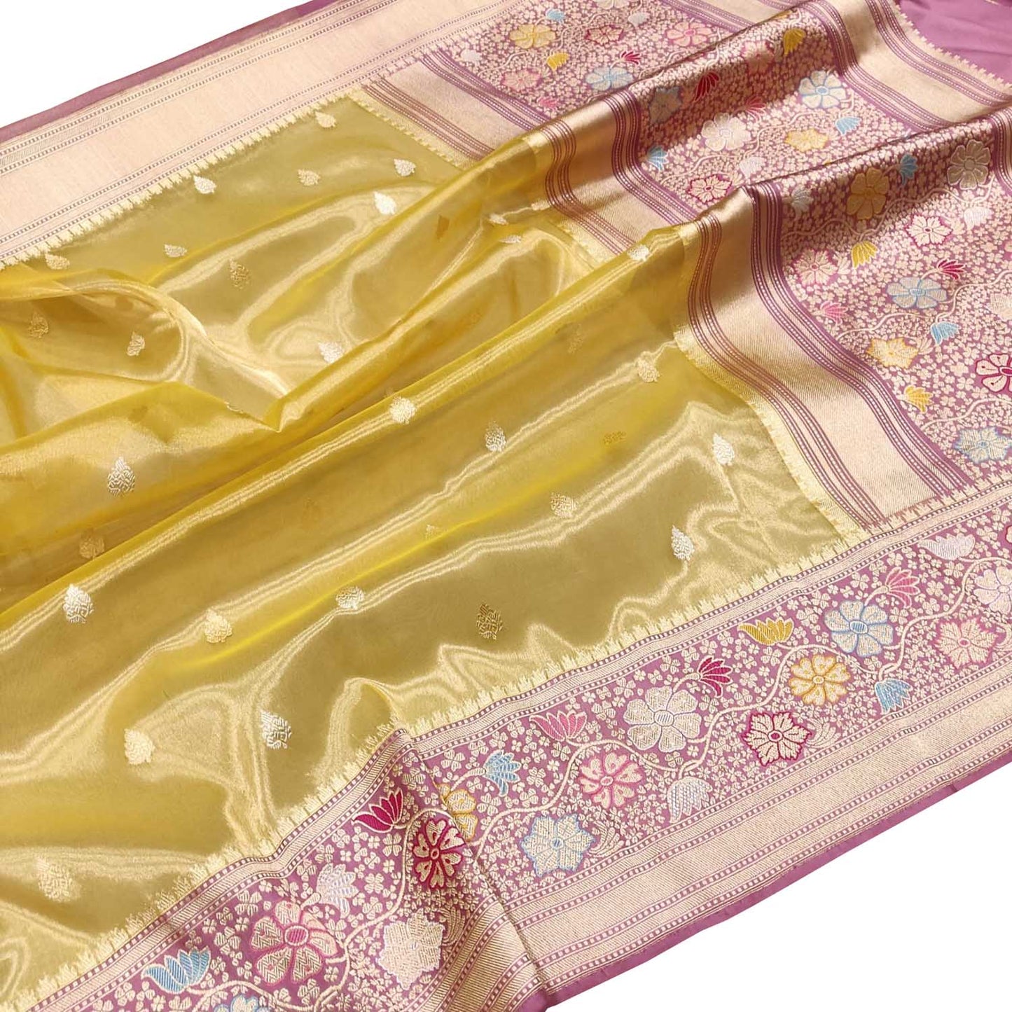 Yellow Handloom Banarasi Pure Tissue Silk Meenakari Saree - Luxurion World