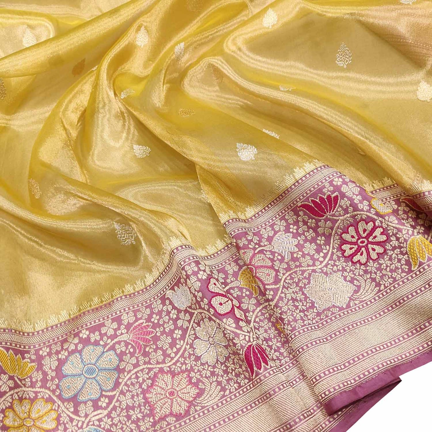 Yellow Handloom Banarasi Pure Tissue Silk Meenakari Saree - Luxurion World