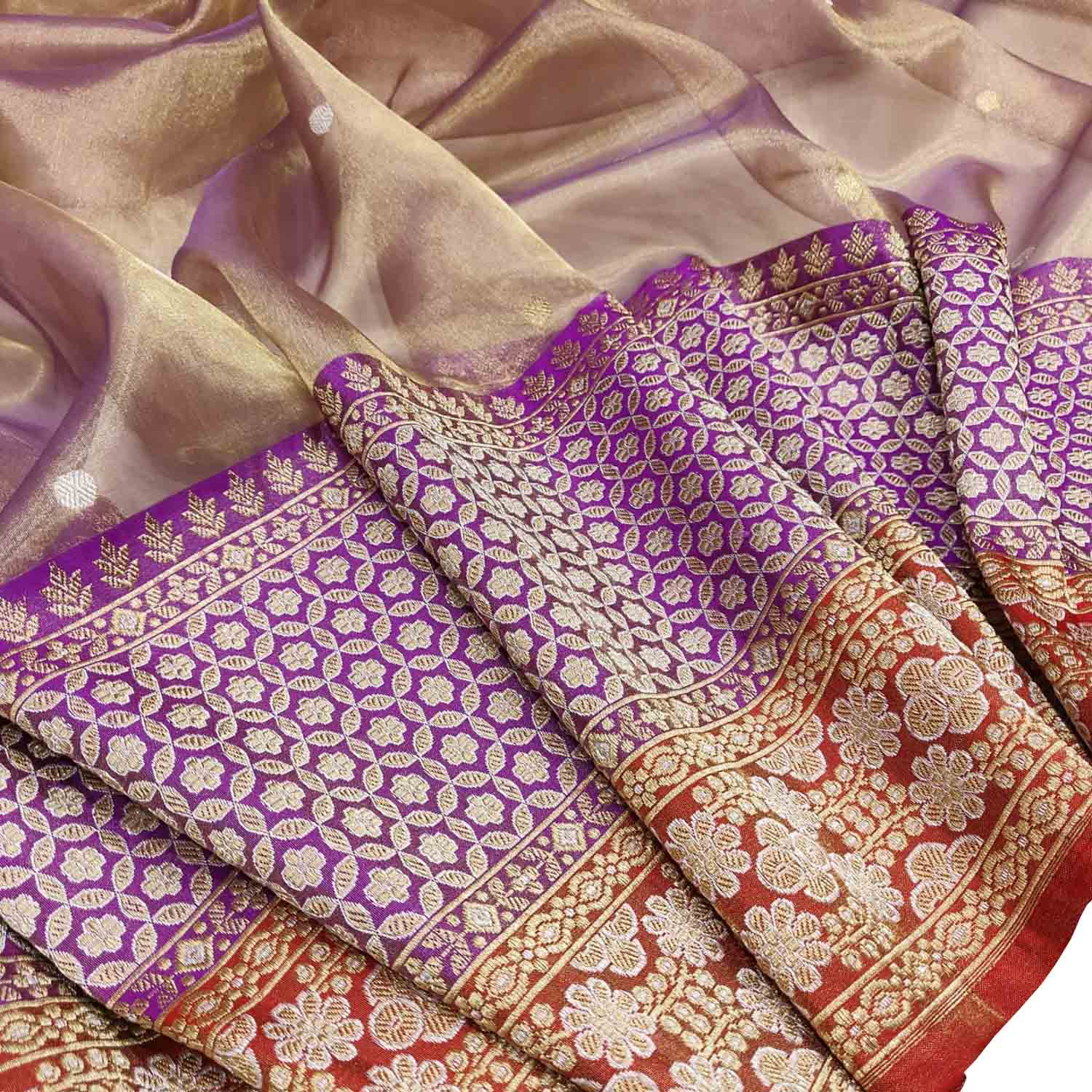 Elegant Purple Shot Handloom Banarasi Pure Tissue Silk Saree - Luxurion World