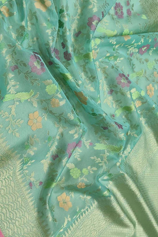 Exquisite Green Handloom Banarasi Pure Kora Silk Flower And Bird Design Saree - Luxurion World