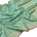 Exquisite Green Handloom Banarasi Pure Kora Silk Flower And Bird Design Saree - Luxurion World