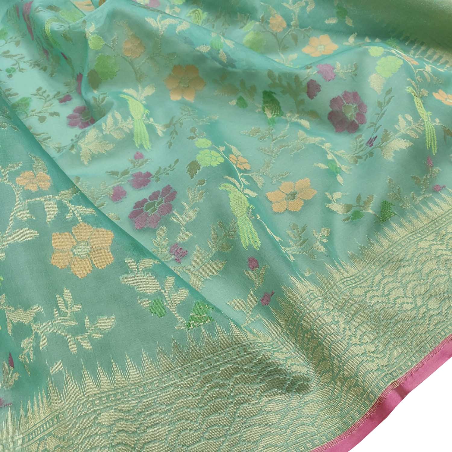 Exquisite Green Handloom Banarasi Pure Kora Silk Flower And Bird Design Saree - Luxurion World