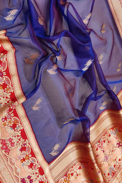 Elegant Blue Handloom Banarasi Pure Kora Silk Leaf Design Meenakari Saree - Luxurion World