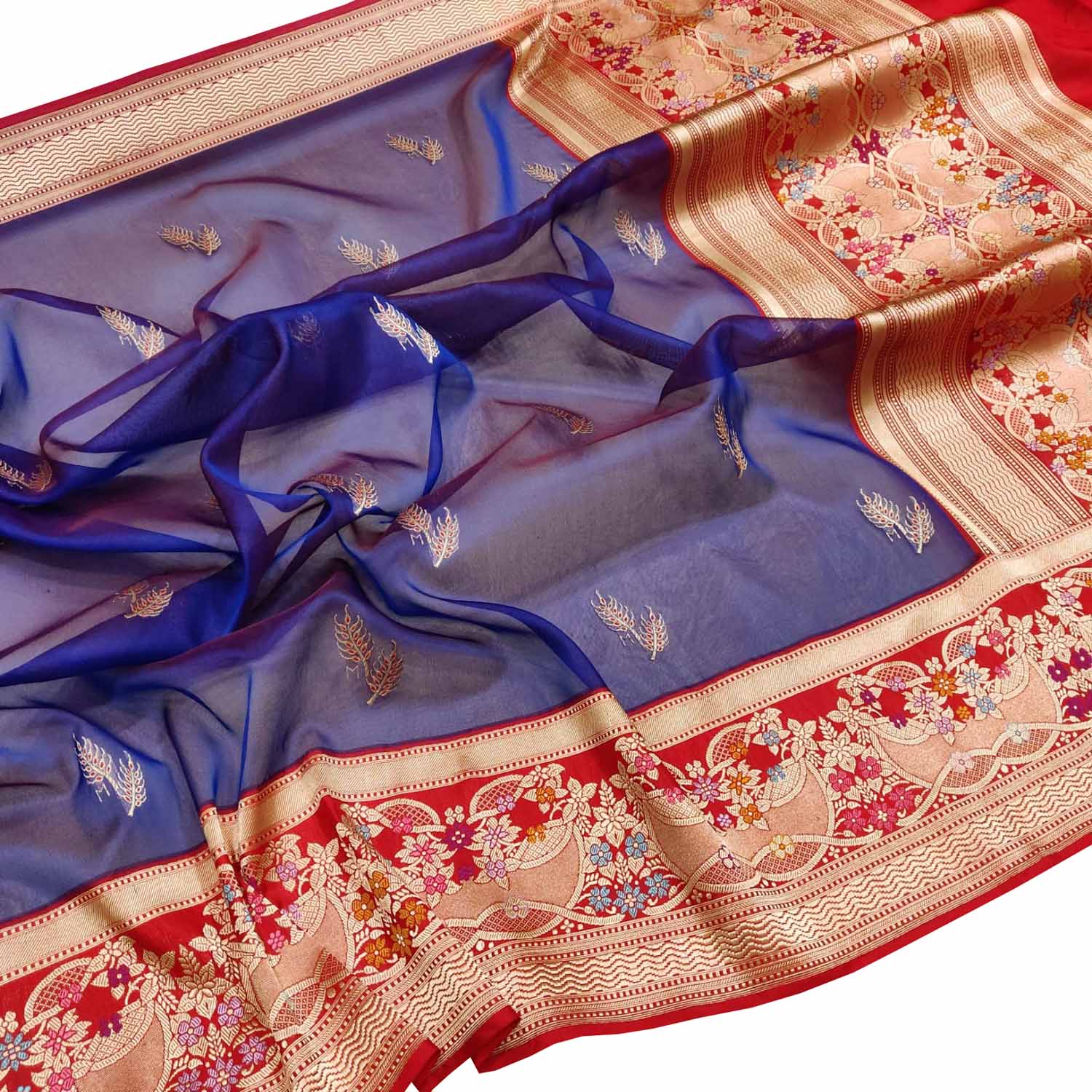 Elegant Blue Handloom Banarasi Pure Kora Silk Leaf Design Meenakari Saree - Luxurion World