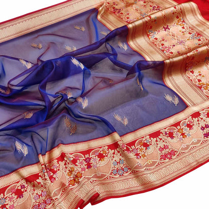Elegant Blue Handloom Banarasi Pure Kora Silk Leaf Design Meenakari Saree - Luxurion World