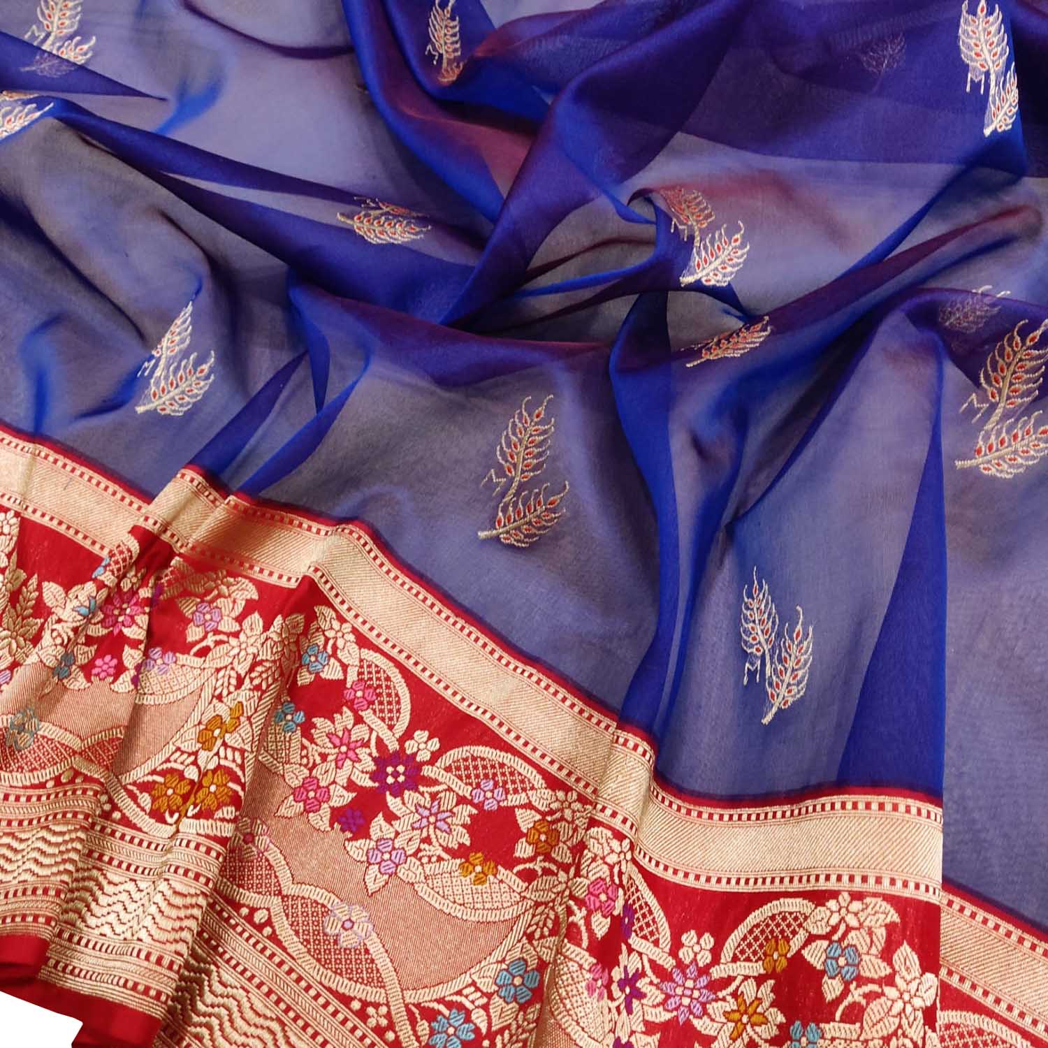 Elegant Blue Handloom Banarasi Pure Kora Silk Leaf Design Meenakari Saree - Luxurion World