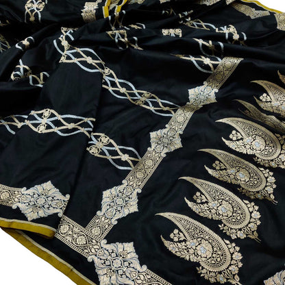Exquisite Black Banarasi Handloom Pure Katan Silk Saree - Luxurion World