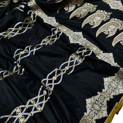 Exquisite Black Banarasi Handloom Pure Katan Silk Saree - Luxurion World