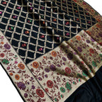 Elegant Black Banarasi Handloom Pure Katan Silk Flower Design Meenakari Saree - Luxurion World