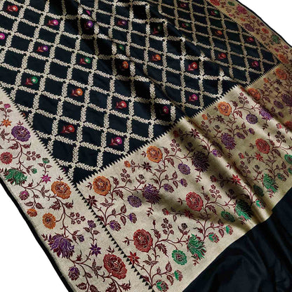 Elegant Black Banarasi Handloom Pure Katan Silk Flower Design Meenakari Saree - Luxurion World